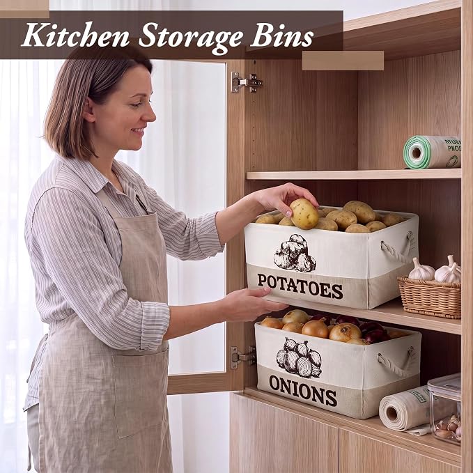 Marsui 2 Pcs Potato and Onion Storage Baskets with Handles, Foldable Kitchen Vegetable Storage Bins, Rustic Countertop Pantry Organizer for Potatoes, Onions, Fruit, Vegetables - Image 6