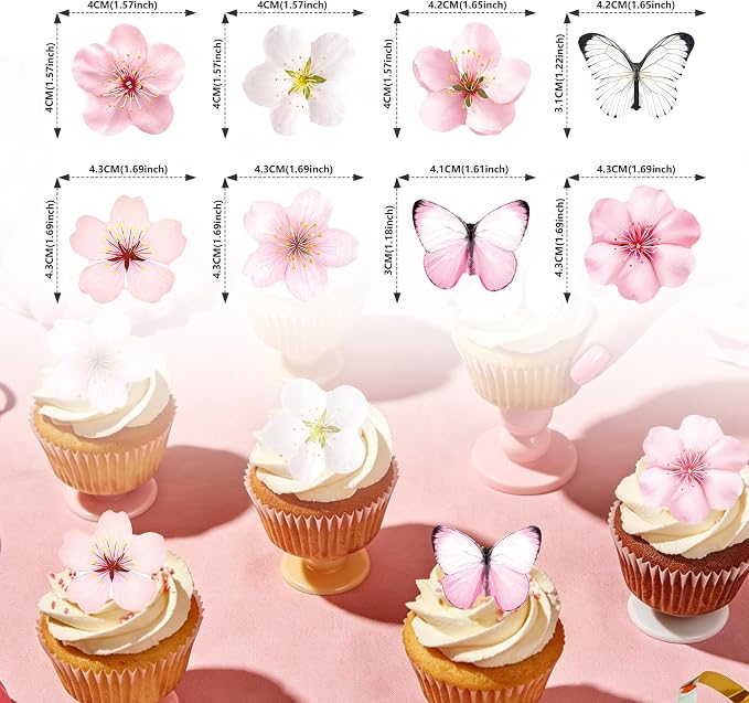 72 PCS Edible Cherry Blossoms Butterfly Cupcake Toppers Wafer Paper Flowers Cake Decorations Ideal for Baby Shower Kids Birthday Party Decorations Edible Flowers Cake Decorations for Celebrations - Image 7