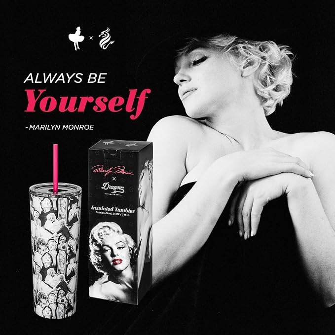 Dragon Glassware x Marilyn Monroe Tumbler with Straw & Lid, 24 oz | Vacuum Insulated Stainless Steel Tumbler with Straw & Lid; Double Walled Tumbler with Straw Charm; Marilyn Monroe Cup - Image 7