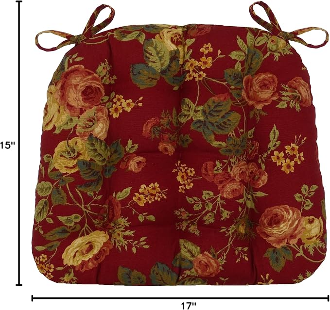Barnett Home Decor Dining Chair Pad with Ties Bethany Red Floral - Size Small 15 x 17 Chair Cushion - Latex Foam Fill - Tufted Seat Cushion - Image 8