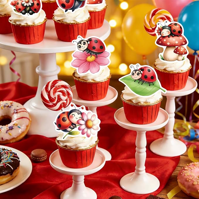 72PCS Edible Ladybug Cupcake Toppers Wafer Paper Flowers Insects Cake Decorations Picks for Baby Shower Kids Birthday Party Cake Decorations Supplies - Image 5