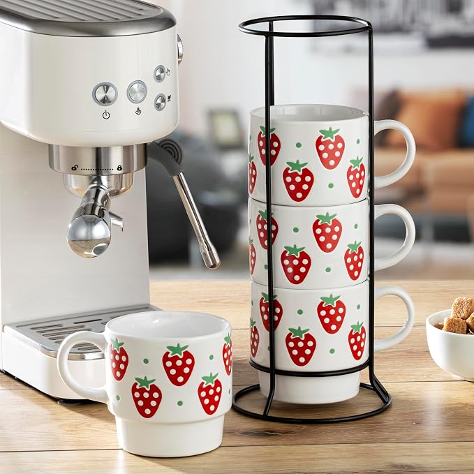 Signature Housewares Stackable Coffee Mug Tower Set with Metal Wire Rack - 15 Ounce Coffee Mugs for Coffee, Tea, Cocoa, Milk, Cappuccino, Hot Chocolate Set of 4 - Strawberry Pattern - Image 6