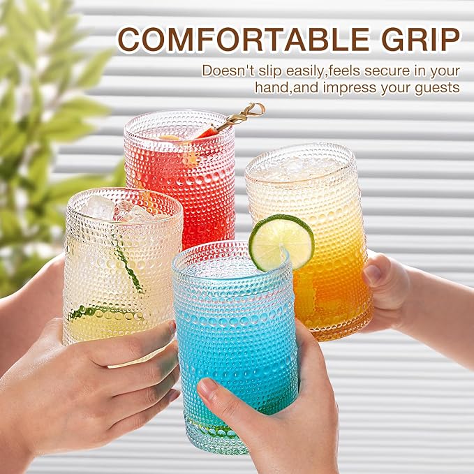 Hobnail Drinking Glass Set of 8, 4 Highball Glasses 15oz,4 Rocks Glass 12oz | Mixed Drink Cocktail Glass, Vintage Embossed Glassware Sets for Whiskey,mocktails, Water & Juice Drinkware - Image 7