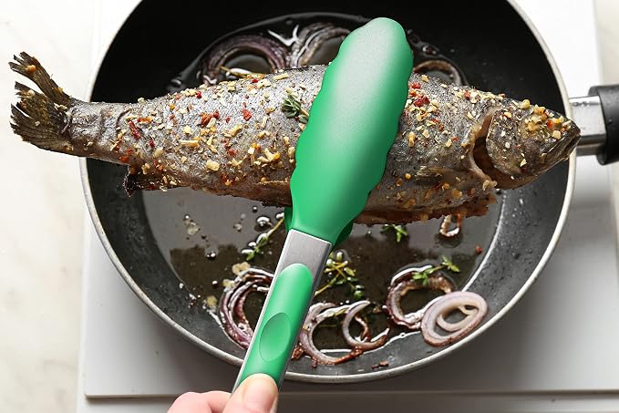 2 Pack Silicone Kitchen Tongs – 9" & 12" Set, Heat Resistant up to 500°F, Non‑Stick Cookware Safe, Wavy Silicone Tips, BPA Free, Locking Clip & Hanging Loop, Dark Green - Image 8