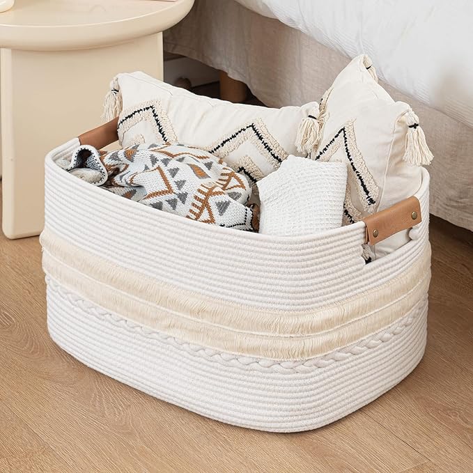 danpinera 108L Large Basket for Living Room, Boho Decorative Basket Organizing with Handles, Cotton Rope Storage for Toys, Pillows, Clothes, 25ββ*16ββ*16ββ White