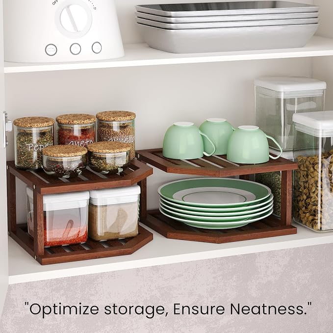 VERTORGAN 2 Tier Bamboo Plate Organizer,Corner Shelf for Kitchen(Brown | Pantry Storage,Dish Rack,Spice Rack,Corner Organizer,Kitchen Counter Shelves,Kitchen Storage,Holds Plates - Image 6