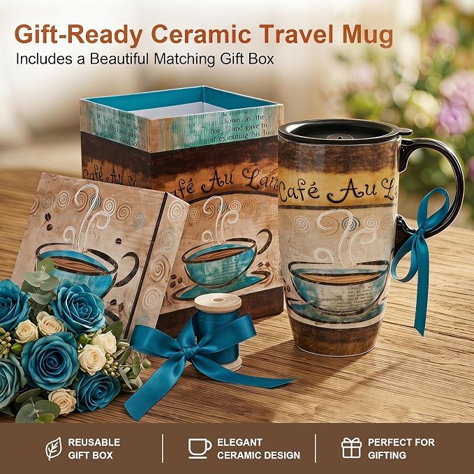 Topadorn 17oz Ceramic Travel Mug with Lid, French Café Coffee Mug with Handle, Vintage Latte Cup for Coffee Tea Cocoa, Microwave & Dishwasher Safe, Gift Box Included - Image 7