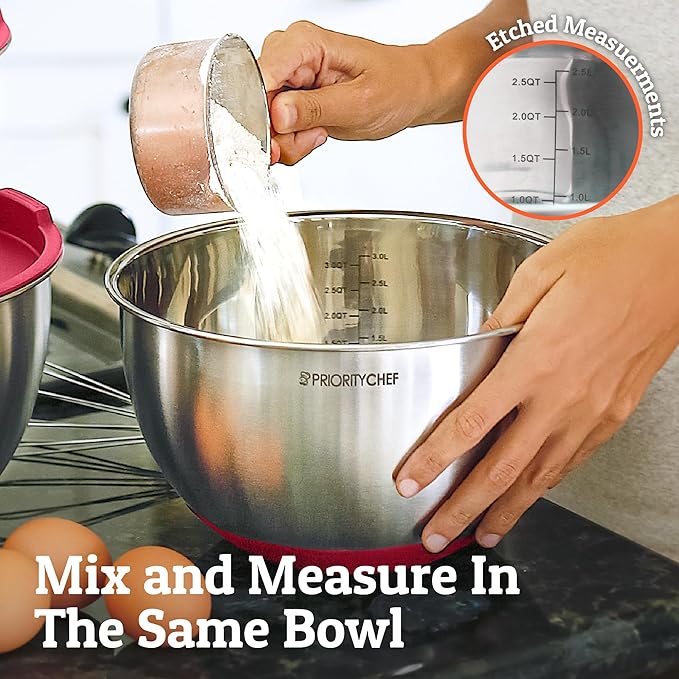 Priority Chef Premium Mixing Bowls With Airtight Lids Set, Thicker Stainless Steel Mixing Bowl Set, Large Prep Metal Bowls with Lids, Nesting Bowls for Kitchen, 1.5/2/3/4/5 Qrt, Red