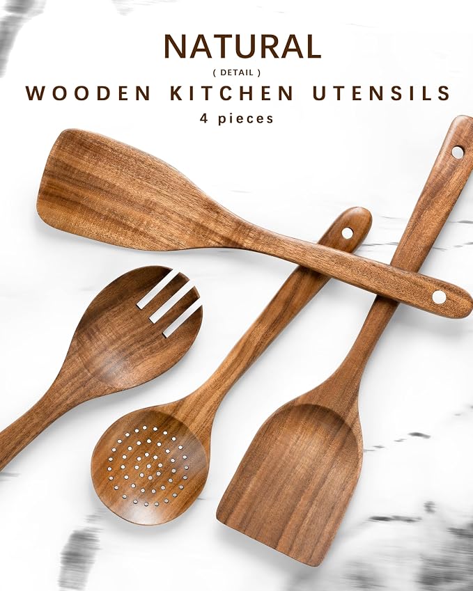 Wooden Spoons for Cooking, 4-Piece Acacia Wood Cooking Utensil Set | Spoons and spatulas stir, mix, flip and serve; balanced handles offer control while staying gentle on nonstick cookware. - Image 6