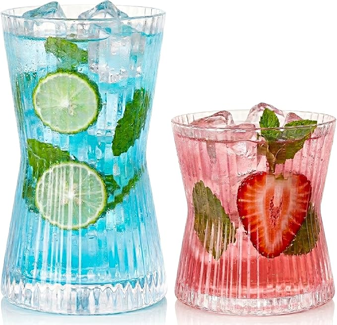 JOVGANK Drinking Glasses Set of 8 – Lead-Free Crystal Glassware, 4 Tall 10oz & 4 Short 8.5oz Vintage Ribbed Tumbler Glasses, Dishwasher Safe, for Juice Beer Cocktails, Great Housewarming Gift, Set B - Image 8