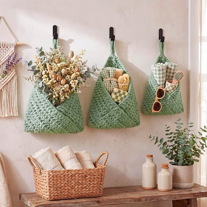 Honeydak Boho Decor Hanging Wall Baskets for Kitchen 3 Pack Teardrop Baskets with Hooks Storage Fruit Onion Vegetable Potato for Home 3 Sizes(Sage Green,Triangle,Cotton Rope) - Image 6