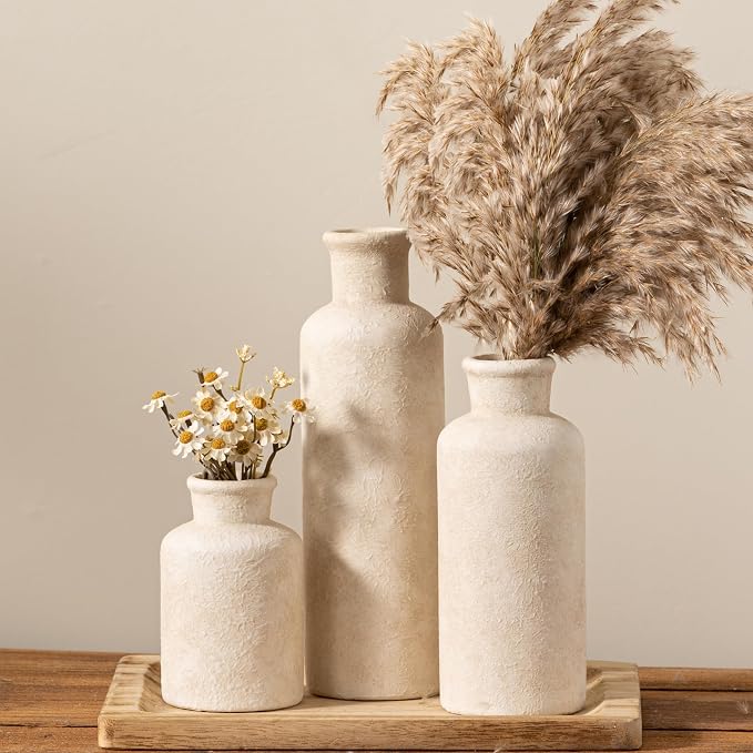 Ceramic Vases Set of 3, Whitewashed Neutral Flower Vases Home Decor, Pottery Rustic Farmhouse Decorative Vases Modern Decor for Table Mantel Entryway Bookshelf Living Room Kitchen Bedroom - Image 8