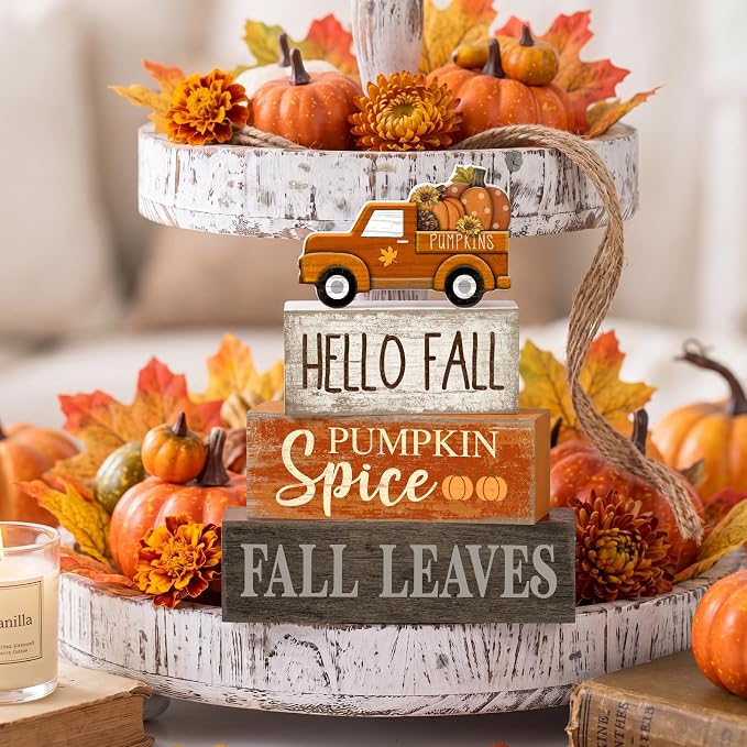 Moucuny 4 Pcs Fall Decoration for Home Fall Truck Decor Thanksgiving Tiered Tray Decor Rustic Wooden Truck Block Sign Thanksgiving Centerpiece Autumn Table Decorations for Harvest Party Kitchen Home - Image 7