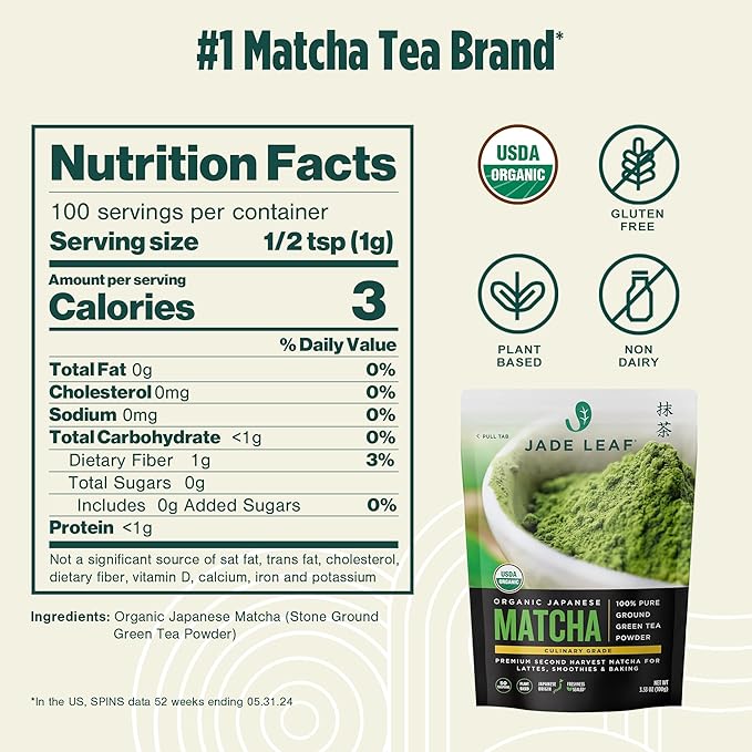 Jade Leaf Matcha Organic Premium Ceremonial Grade Matcha Green Tea Powder - Japanese - Culinary, Ingredient, Ceremonial Barista Teahouse, Latte, Collagen, 3.53 Ounce (Pack of 1), Culinary