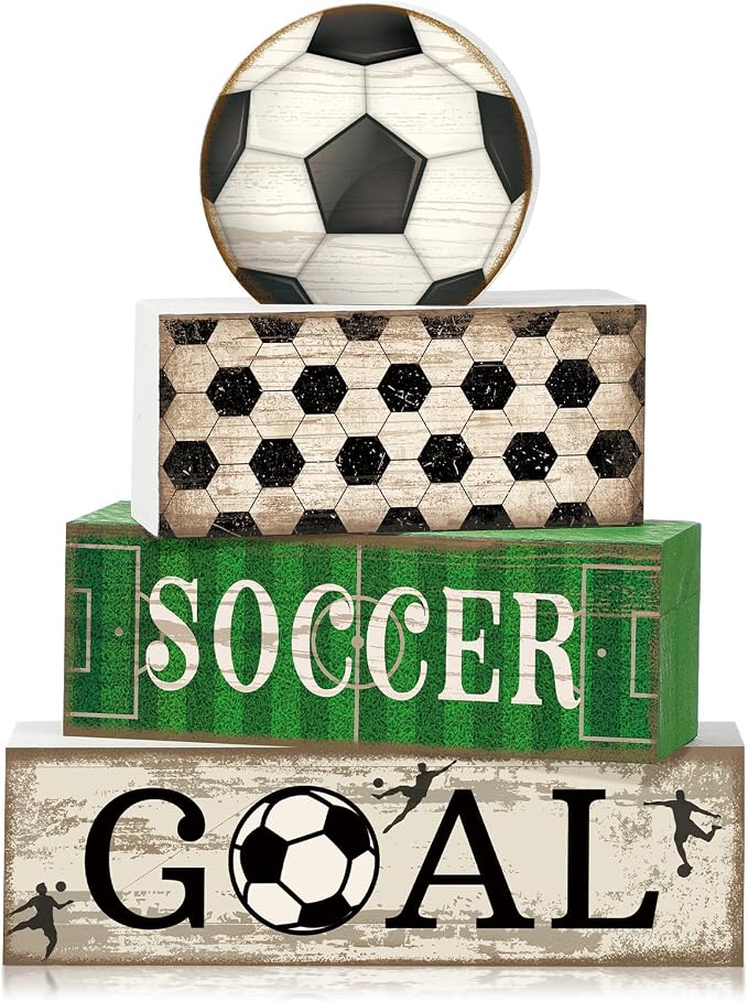 Moucuny 4 Pcs Soccer Party Decorations Soccer Table Centerpiece Football Tiered Tray Decor Wooden Ball Block Signs Gift Sports Themed Table Decorations for Boys Baby Shower Party Supplies Decor - Image 8