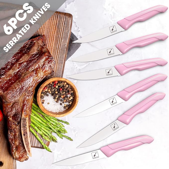 imarku 14-Piece Japanese High-Carbon Stainless Steel Kitchen Knife Set,Pink | Knife Set with Block|15°Precision Edge | 56±2 HRC Hardness | Built-in Sharpener|Ergonomic Handles|Gifts Mom & Dad - Image 8