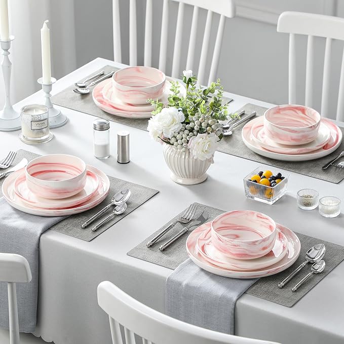 MALACASA 12 Pcs Porcelain Plates and Bowls Sets,Dinnerware Set for 4,Pink | Modern Ceramic Dishware Set,Kitchen Dining Ware,Microwave and Dishwasher Safe,Unique Marble Pink Design,Series LUNA - Image 7