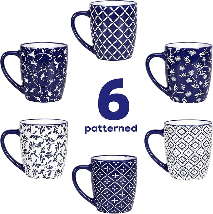 18 OZ Coffee Mugs Set of 6, Geometric Porcelain Large Mug for Man Woman | Blue and White Floral Ceramic Cup for Latte, Tea, Water, Cappuccino, Mocha, Cocoa, Housewarming Wedding Mug Present - Image 9