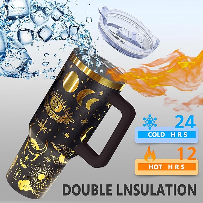40 oz Bohemia Laser Engraving Tumbler With Handle With Lid Straw Double Insulated Travel Coffee Cup Boho Travel Accessories Must Have Gifts For Women