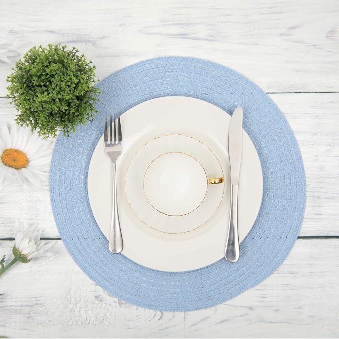 SHACOS Round Braided Placemats Set of 4 Washable 15 inch Round Non Slip Table Place Mats for Dining Tables (Light Blue, 4) - Image 7