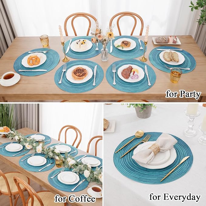 SHACOS 15 inch Round Placemats Set of 8 Variegated Multicolor Place Mats Cotton Polyester Braided Non Slip Washable Heat Resistant Table Mats for Home Wedding Dinner Party Table Decor, Rainbow Teal - Image 9