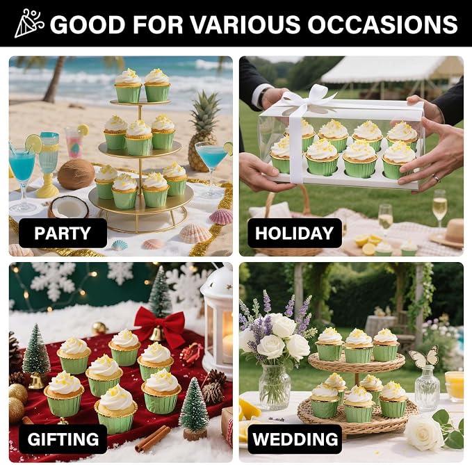 EUSOAR Cupcake Cups, 50pcs 3.5oz Muffin Cupcake Liners Disposable Ramekins, Aluminum Foil Wrappers Paper Dessert Containers Mini Cheesecakes Holders for Birthday Wedding Party-Light Green/Gold - Image 6