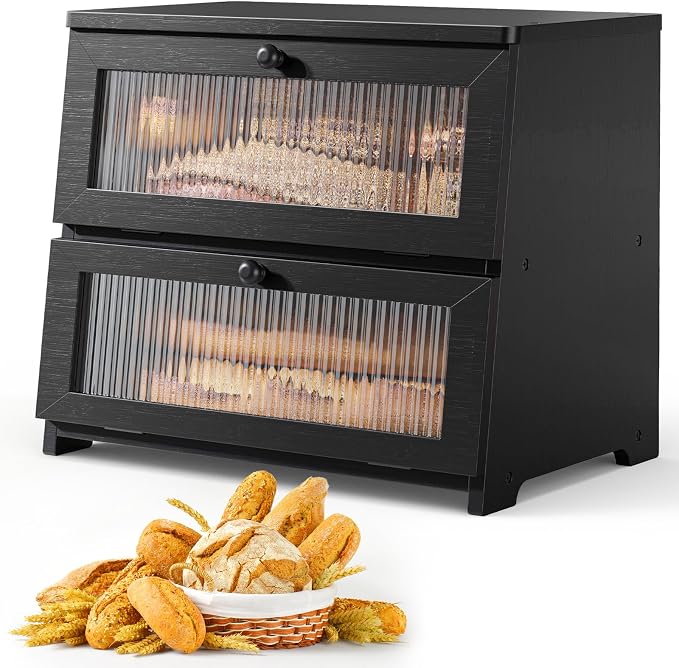 Kitsure Wooden Bread Box for Kitchen Countertop, 2-Tier, Black | Large Capacity Kitchen Countertop Organizer, Stylish Bread Storage with Window, Multi-functional Container - Image 3