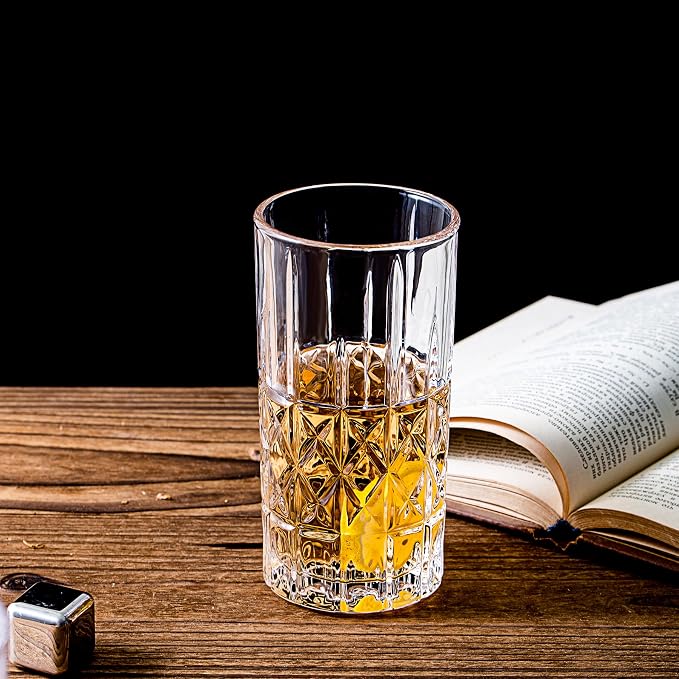 Tall Highball Glasses Set of 6, 14 Ounce Cups, Textured Designer Glassware for Drinking Water, Beer, or Soda, Trendy and Elegant Dishware, Dishwasher Safe - Image 7