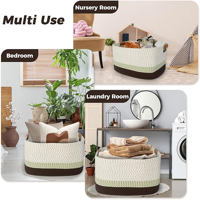 danpinera 108L Large Basket for Living Room, Nursery & Laundry, Kids Toy Basket Storage with Leather Handle, 25ββ*16ββ*16ββ White & Mottled Green