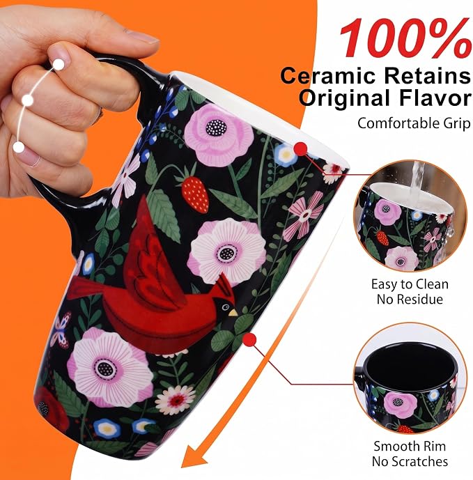 Topadorn 17oz Ceramic Travel Mug, Botanical Floral Bird Coffee Mug with Lid | Ceramic Coffee Mug with Handle, Microwave & Dishwasher Safe, Gift Box Included for Coffee, Tea and Latte - Image 7