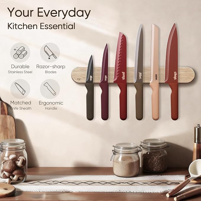 CAROTE Kitchen Knife Set, 6 Floral Knives with 6 Blade Guards, 12-Piece | Stainless Steel Blades, Ceramic Nonstick Coating, Long-Lasting Sharpness, Rust-Resistant, Non-Slip, Dishwasher Safe - Image 9