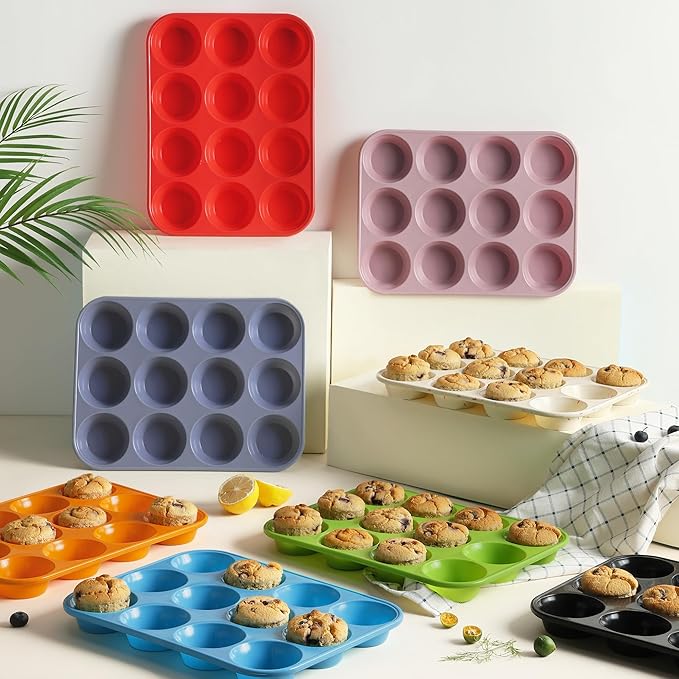2 Pack 12 Cups Silicone Muffin Pan with Metal Reinforced Frame Regular Size Silicone Molds Cupcake Cake Baking Pans Cookie Baking Chocoflan Cupcake Mold Kitchen Baking Mold Tools for Cooking