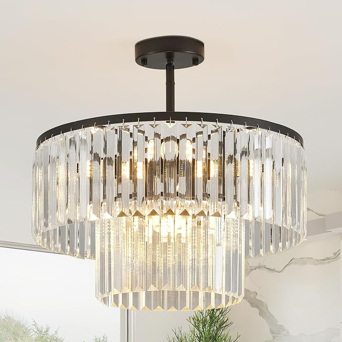 17.7" Black Semi Flush Mount 2-Tier Crystal Ceiling Light Fixtures for Dining Room Modern Luxury 8-Light Chandeliers Lighting for Bedroom Entryway Hallway Kitchen Island Living Room Foyer - Image 9