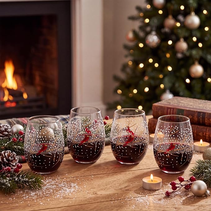 Yungyan 4 Pack Christmas Stemless Wine Glasses, 15 oz Hand Painted Holiday Drinking Tumblers with Cardinal & Snowy Tree Branch Design, Festive Winter Glassware for Xmas Party, Cabin, Home Decor - Image 6