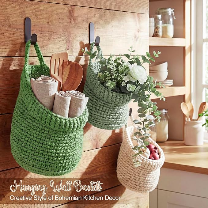 Honeydak Boho Decor Hanging Wall Baskets for Kitchen 3 Pack Teardrop Baskets with Hooks Storage Fruit Onion Vegetable Potato for Home 3 Sizes(Sage Color Palette,Barrel,Cotton Rope) - Image 6