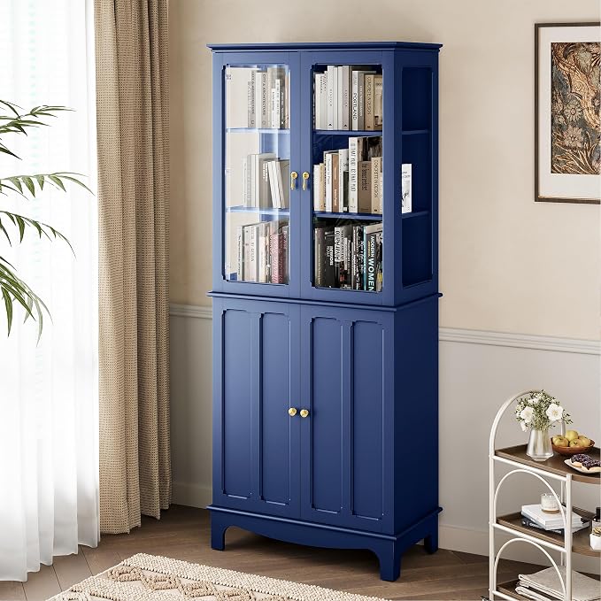 72" Tall Kitchen Pantry Cabinet with Glass Door and Adjustable Shelves, Vintage Food Storage Cabinet for Kitchen, Dining Room, Living Room, Dark Blue - Image 7