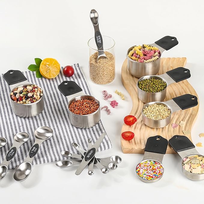 Smithcraft Magnetic Measuring Cups and Spoons Set 16, Metric & US Stainless Steel Measuring Cups and Spoons Set for Dry & Liquid, Metal Measure Cups & Spoons & Leveler for Kitchen&Baking, Black