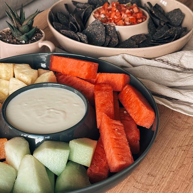 Mora Ceramic Chips and Dip Serving Tray: Large Divided Party Bowl Set for Chips & Salsa, Veggies & Dip, Fruit, Snacks, Entertaining, Hosting, etc. Minimalist Design for the Modern Hostess - Charcoal - Image 7