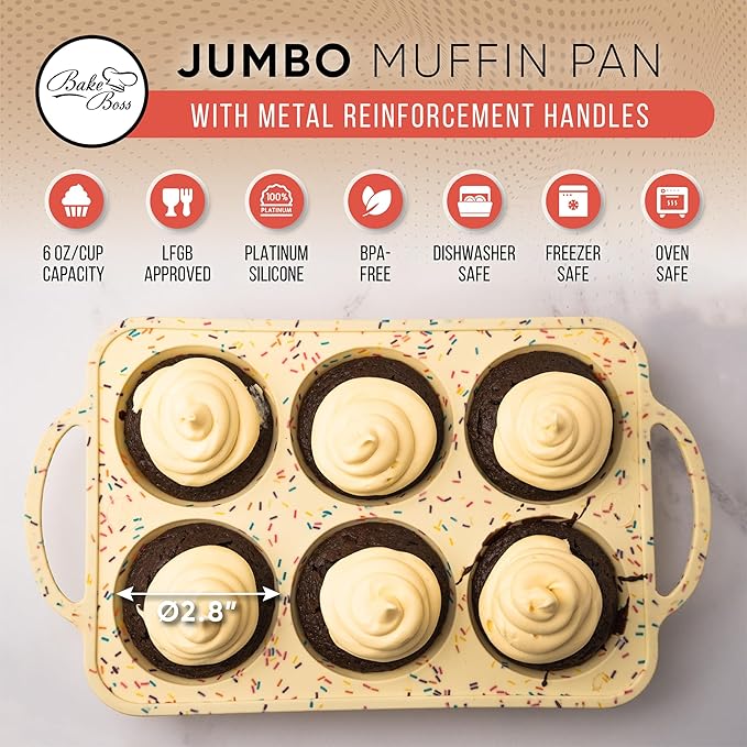 2 Pack Confetti Silicone Jumbo Muffin Pan 6 Cup–Non-Stick Cupcake Pans for Baking, Heavy-Duty Large Silicone Muffin Pans for Baking, BPA-Free, Easy-Release, Oven & Dishwasher Safe