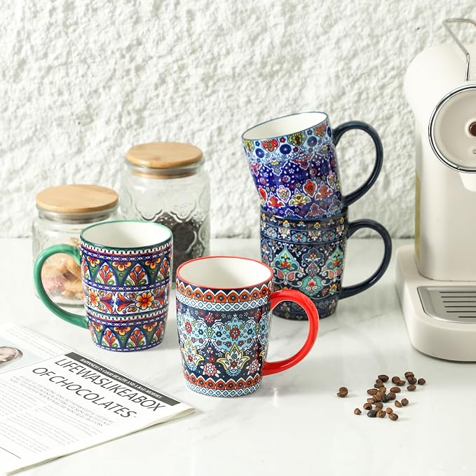 HASENSE Coffee Mugs, 15 OZ Coffee Cups Ceramic Set of 4 with Handle and Bohemian Style for Man Woman, Vintage Stoneware Porcelain Coffee Cups Set for Tea, Cocoa, Milk, Latte and Cappuccino - Multi - Image 6