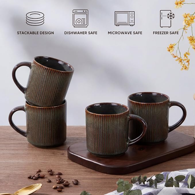 E-far Coffee Mugs Set of 4, 12 oz Stoneware Coffee Cups with Handle for Latte, Tea, Cocoa, Milk, Modern Ribbed Ceramic Mugs for Man Woman, Microwave & Dishwasher Safe, Blackish Green - Image 8