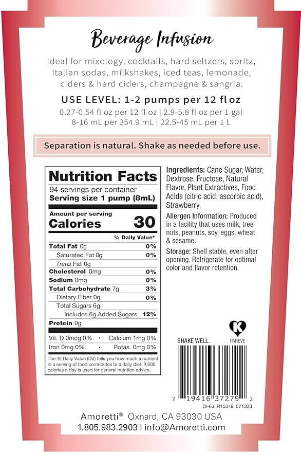 Amoretti - Wild Strawberry Beverage Infusion, 94 Servings Per Bottle (750 ml) - Drink Mix & Water Enhancer with Pump for Flavoring Cocktails, Waters, Teas, and other Beverages, Preservative Free