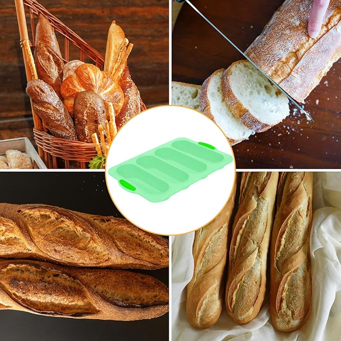 Silicone Bread Loaf Pan, 4-cavity Non-Stick Baguette Bread Pan Heat Resistant Hot Dog Bun Mold, for Sub Roll Baking Pan Bread Pans for Homemade Bread(Aqua Green)
