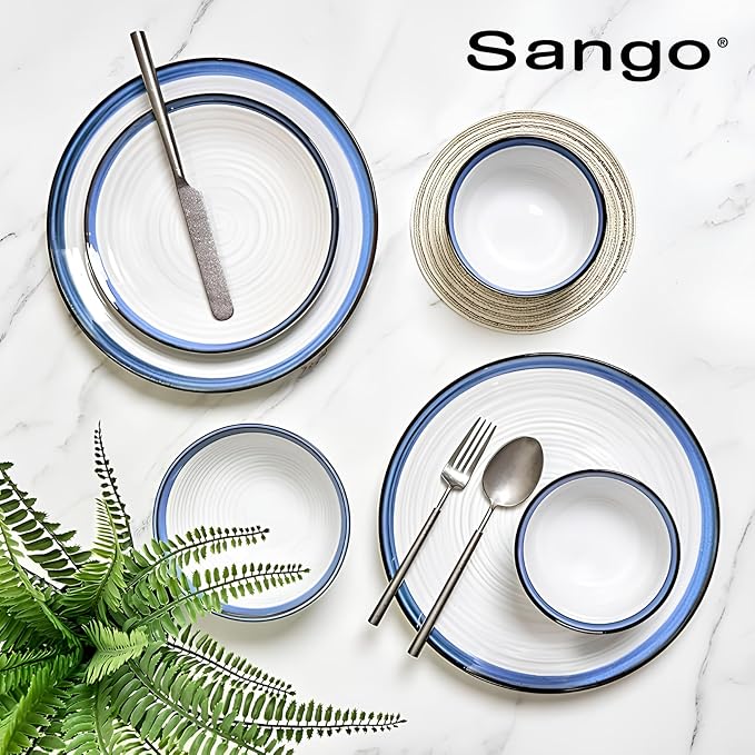 Sango Siterra Santorini 16-Piece Stoneware Dinnerware Set for 4, Ceramic White Plates and Bowls Sets with Blue Rim & Reactive Glaze, Chip Resistant Dish Set, Microwave & Dishwasher Safe Kitchen Dishes - Image 9