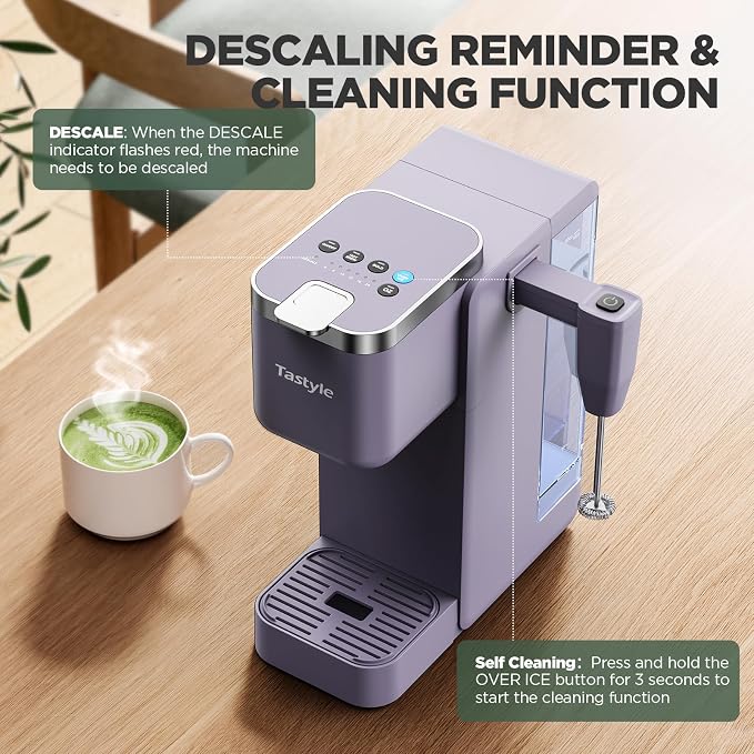 Tastyle Single Serve Coffee Maker with Built-in Detachable Milk Frother | For K Cups & Grounds, 40oz Removable Water Tank, 6 Brew Sizes, 2 Drip Trays, BPA Free, Fits 7.3" Travel Mug, K330MF, Purple - Image 8