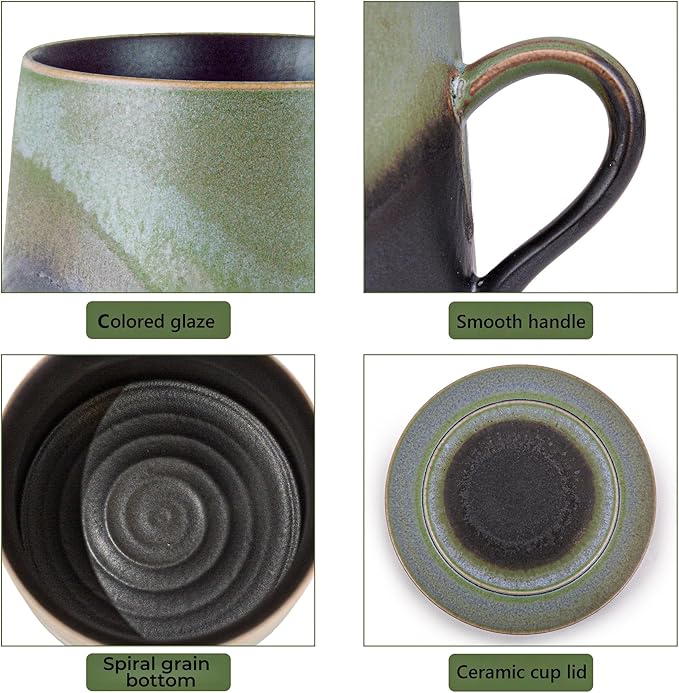 Handmade Ceramic Coffee Mugs, 11.2 OZ Colored Glaze Coffee Cups with Lids, Birthday Gift for Women, Mom, Dad, Friend, Sister, Brother, Dishwasher and Microwave Cups