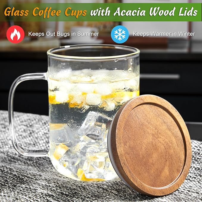 DRASTAR Glass Coffee Cups, 20 oz Large Coffee Mugs, Flat Bottomed Cups with Acacia Wood Lid, Glass Tea Cup with Handle, ClearTea Cup Set of 4