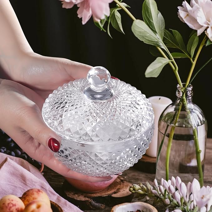 Joeyan 12 oz Small Clear Glass Jars with Lid,Embossed Glass Candy Dishes,Diamond Faceted Food Container,Decorative Jewelry Box Apothecary Canisters,Kitchen Bathroom Buffet Storage Organizer - Image 10