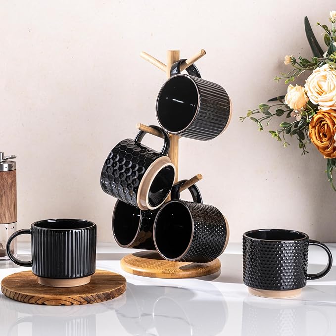GBhome 12 OZ Stackable Coffee Mugs Set of 6, Ceramic Black Coffee Cups Set | 3 Assorted Designs, Embossed Mugs with Texture Patterns for Tea/Latte/Cappuccino, Dishwasher&Microwave Safe - Image 8