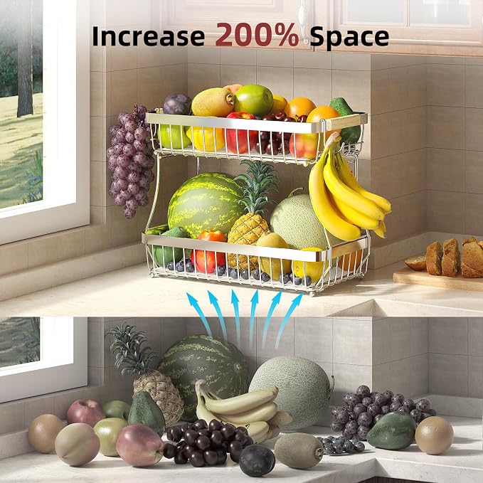 2-Tier Fruit Basket with Banana Hangers, Detachable Metal Bowl | Wooden handle, protective mats included. Versatile holder for bread, snacks, and veggies. Extra Large 2 tier metal design. - Image 9